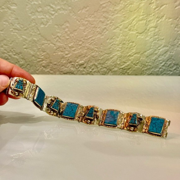 MEXICO STERLING SILVER & TURQUOIS 
PANEL BRACELET Marked W Eagle... Pre-owned - Picture 1 of 12
